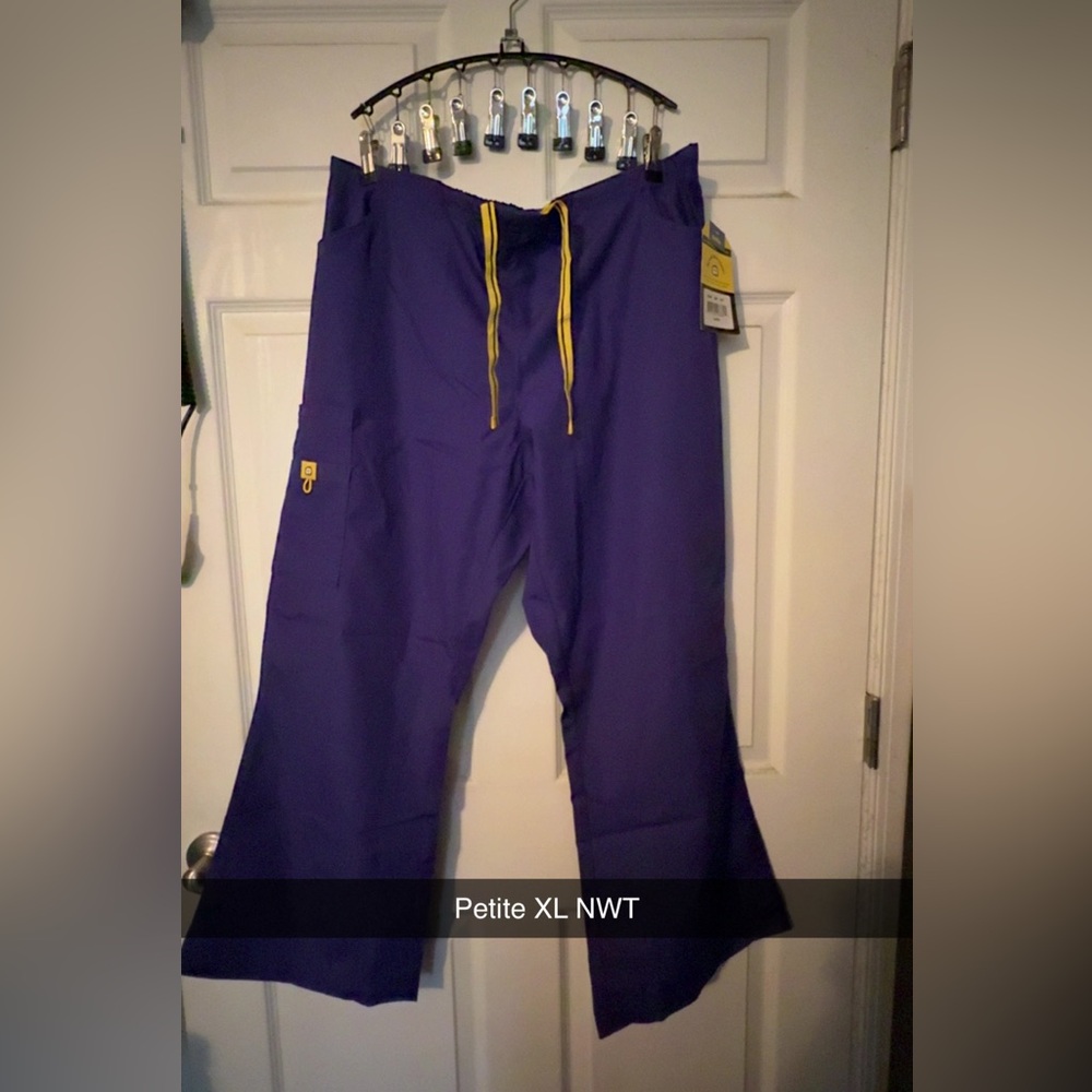 WonderWink Purple Cargo Scrub Pants with Yellow Drawstring